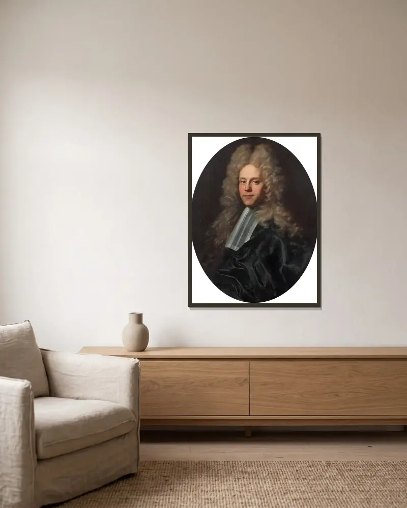 Portrait d’un homme de loi en habit noir à la large perruque av Hyacinthe Rigaud inramad på en vägg