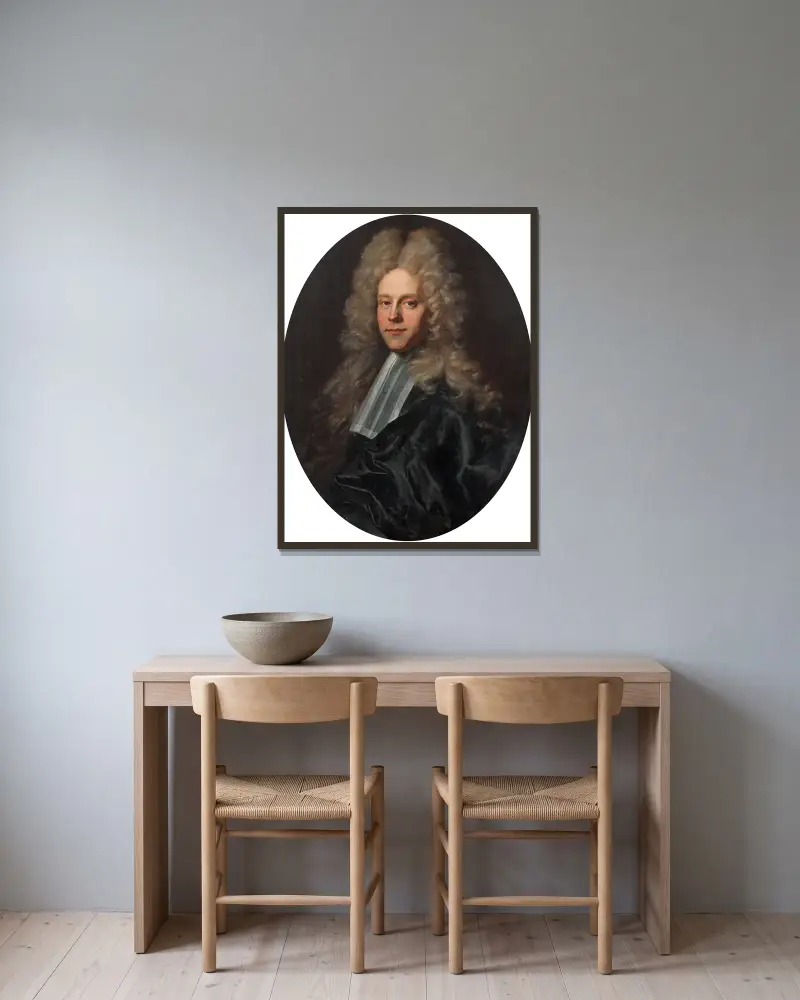 Portrait d’un homme de loi en habit noir à la large perruque av Hyacinthe Rigaud inramad på en vägg
