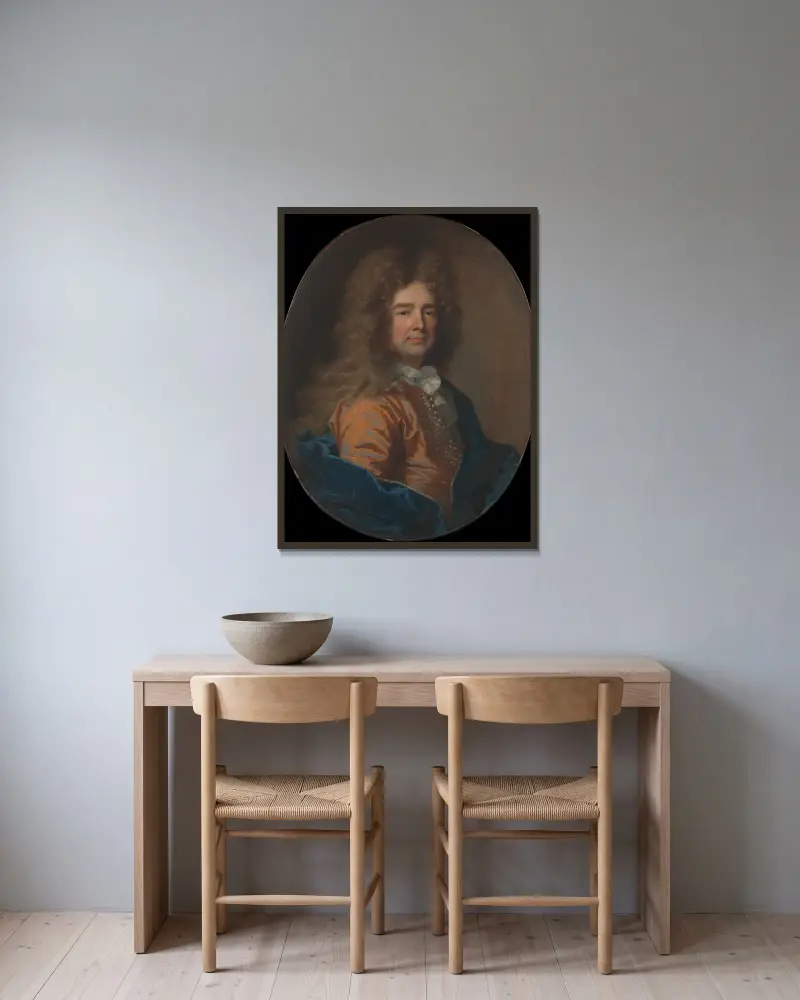 Portrait of a Man, 1693 av Hyacinthe Rigaud inramad på en vägg