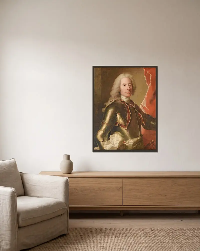 Portrait Of A Man Wearing An Armor av Hyacinthe Rigaud inramad på en vägg