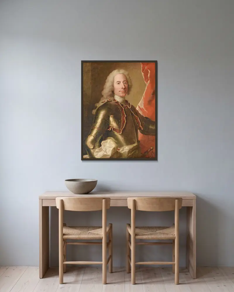 Portrait Of A Man Wearing An Armor av Hyacinthe Rigaud inramad på en vägg