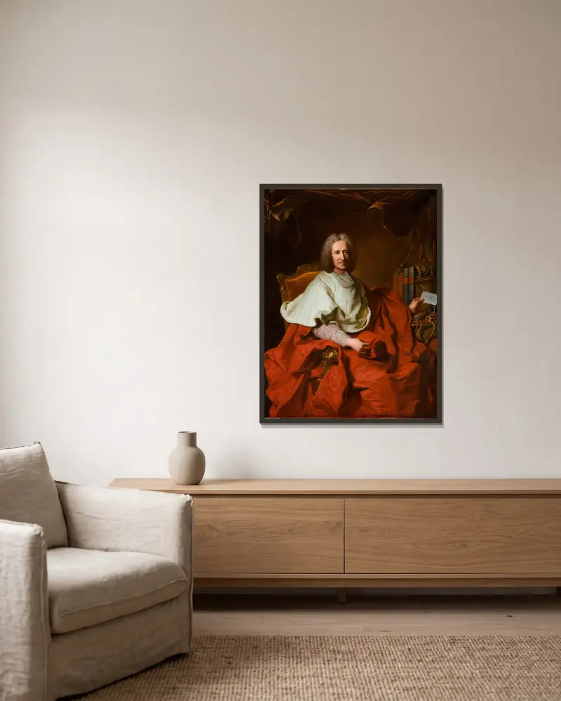 Porträtt av kardinal Guillaume Dubois av Hyacinthe Rigaud inramad på en vägg