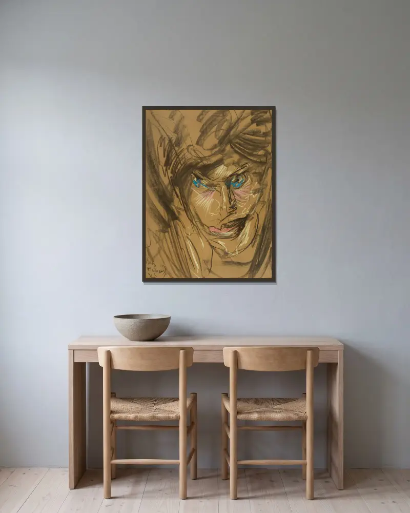 Portrait of Aniela Zagórska av Stanisław Ignacy Witkiewicz inramad på en vägg