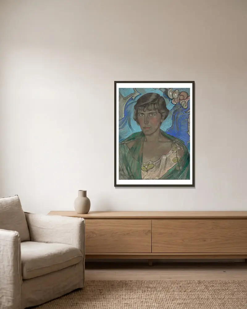 Portret kobiety w zielonym szalu av Stanisław Ignacy Witkiewicz inramad på en vägg