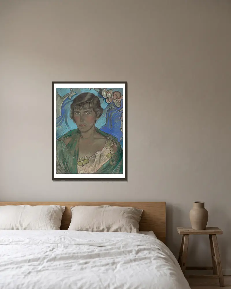 Portret kobiety w zielonym szalu av Stanisław Ignacy Witkiewicz inramad på en vägg