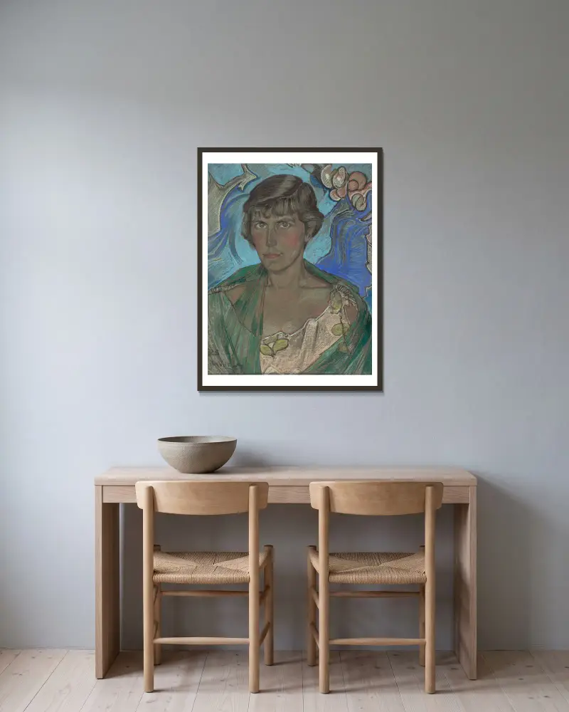 Portret kobiety w zielonym szalu av Stanisław Ignacy Witkiewicz inramad på en vägg