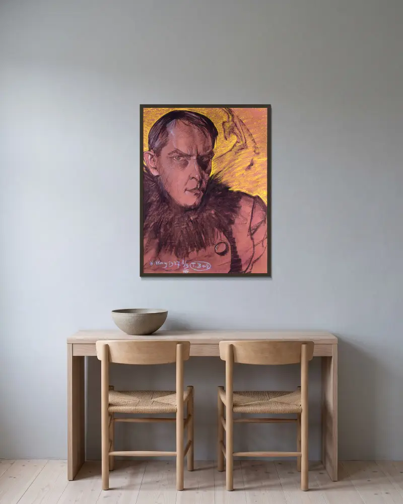 Autoportret w futrzanym kołnierzu, Stanisław Ignacy Witkiewicz w ramie na ścianie