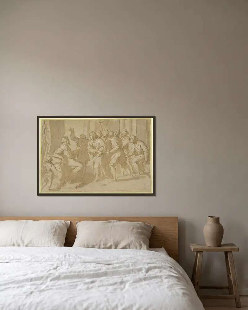 Christus vor Kaiphas von Jacopo Palma il Giovane gerahmt an einer Wand