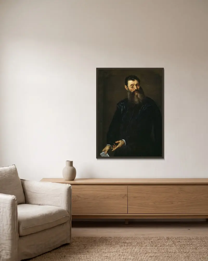 Porträtt av en herre av Jacopo Palma il Giovane inramad på en vägg