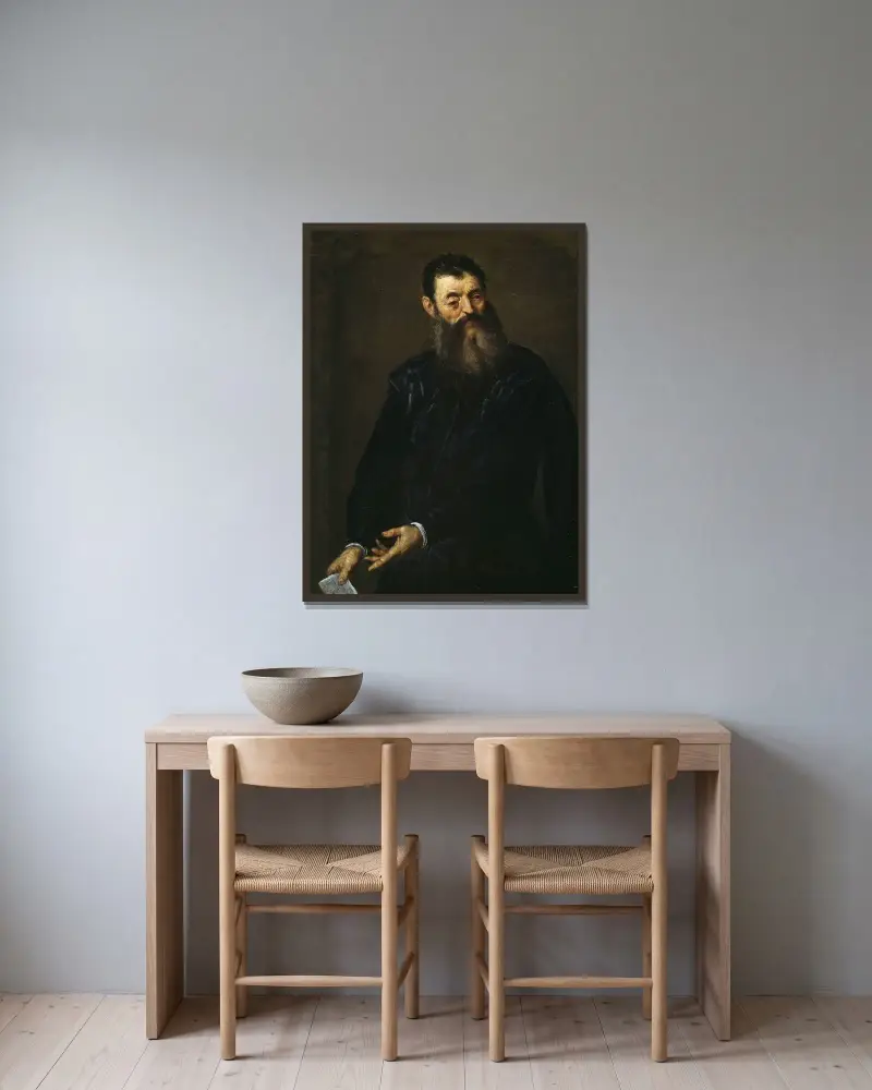 Porträtt av en herre av Jacopo Palma il Giovane inramad på en vägg