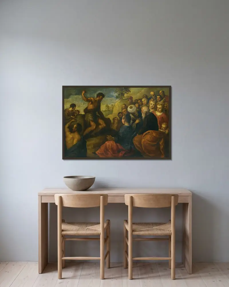 Johannes Döparen predikar av Jacopo Palma il Giovane inramad på en vägg