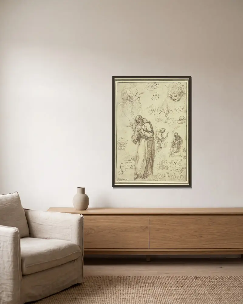 Study sheet with St Francis, an Annunciation and three studies of heads av Jacopo Palma il Giovane inramad på en vägg