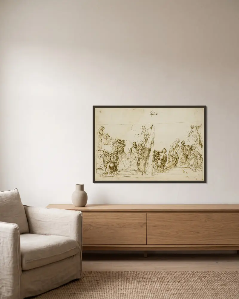 To kompositionsskitser til votivmaleriet af Doge Pasquale Cicogna, Sala del Pregadi, Dogepaladset, Venedig av Jacopo Palma il Giovane inramad på en vägg