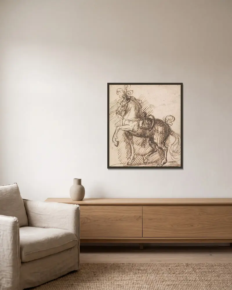A Plumed Saddle-Horse av Inigo Jones inramad på en vägg