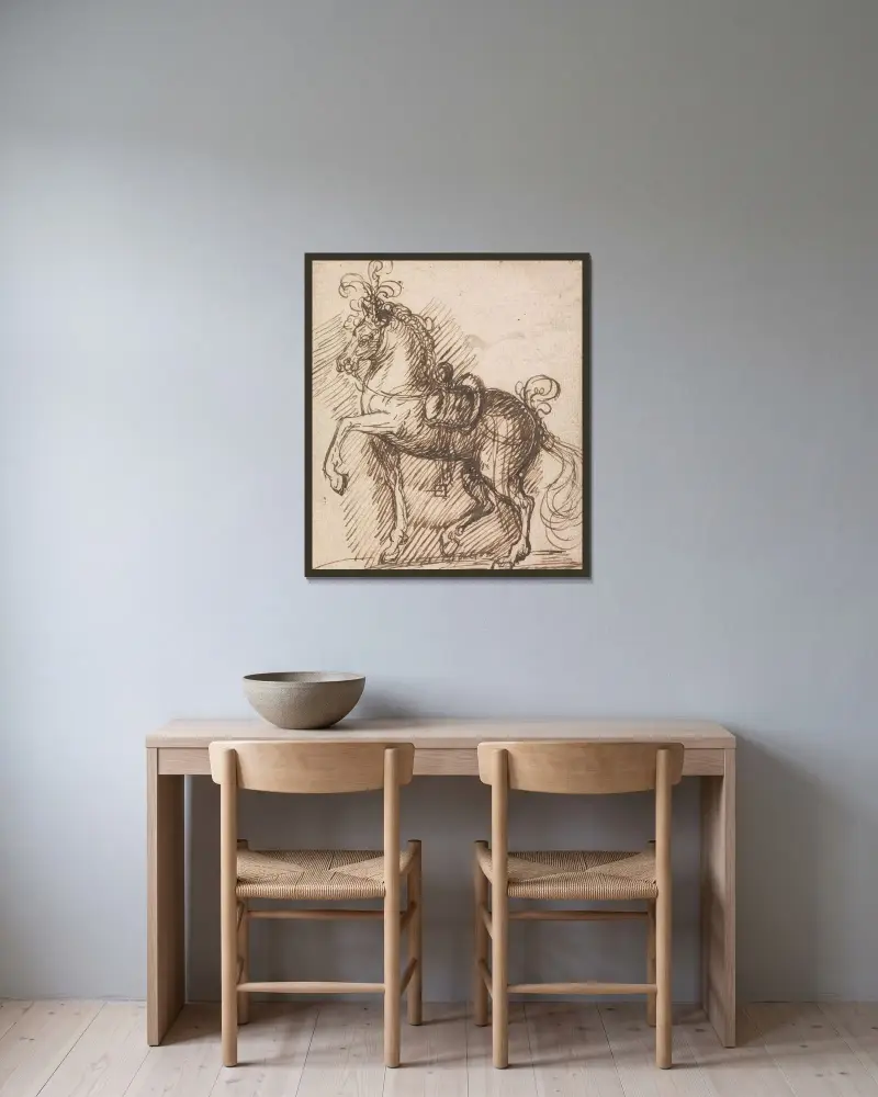 A Plumed Saddle-Horse av Inigo Jones inramad på en vägg