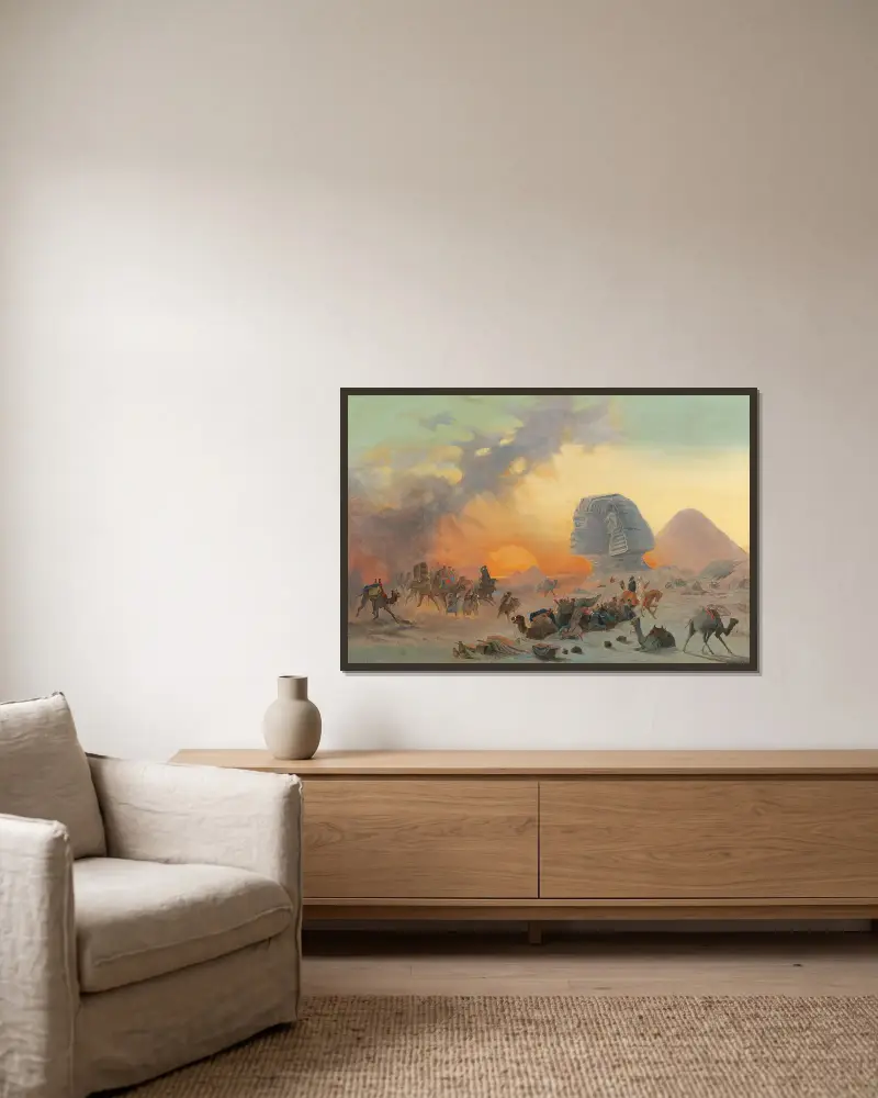 A Caravan In The Desert In A Simoom av Ippolito Caffi inramad på en vägg
