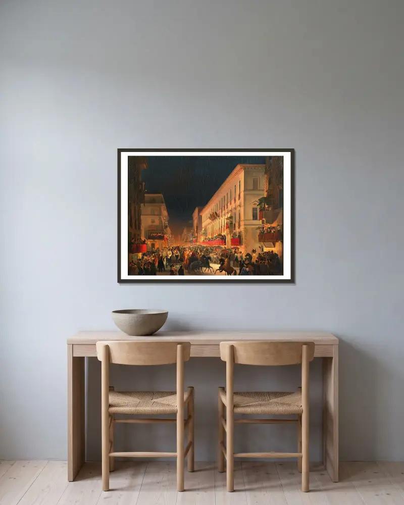 Carnival In Rome, The Feast Of Moccoletti av Ippolito Caffi inramad på en vägg