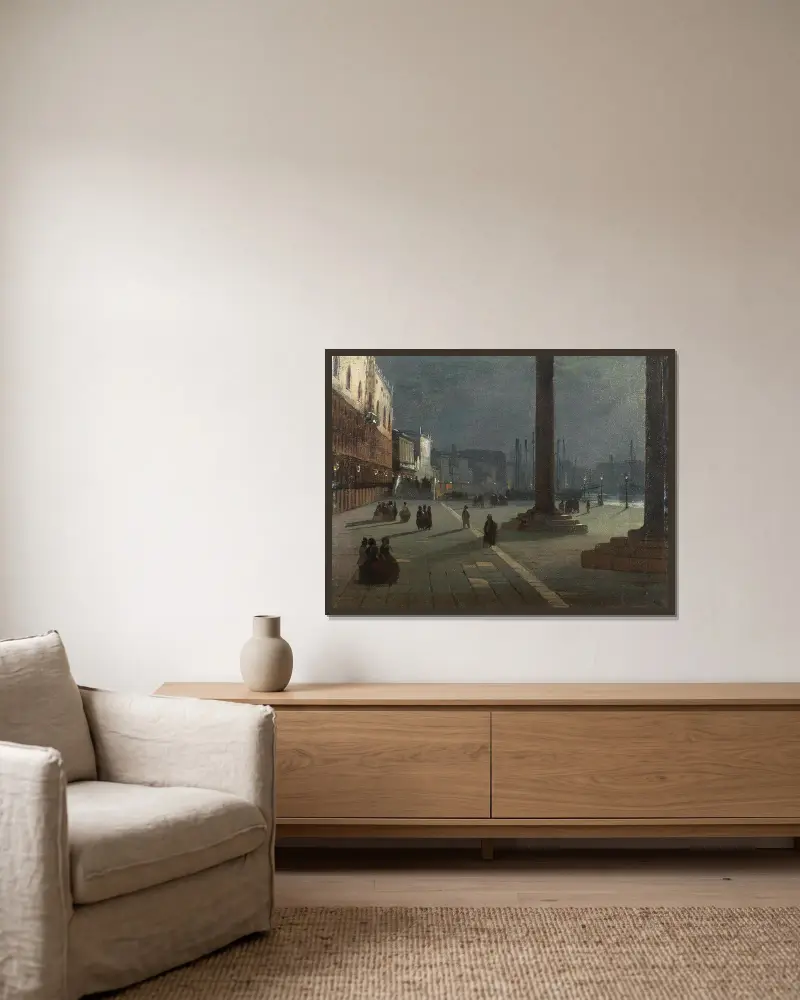 Venice, a View of the Molo di San Marco with the Riva degli Schiavoni in the Moonlight av Ippolito Caffi inramad på en vägg