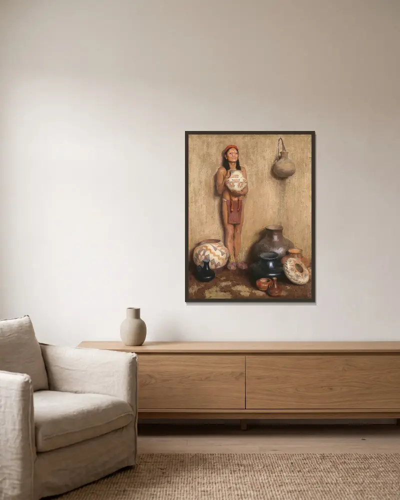 Der Töpferverkäufer von Eanger Irving Couse gerahmt an einer Wand