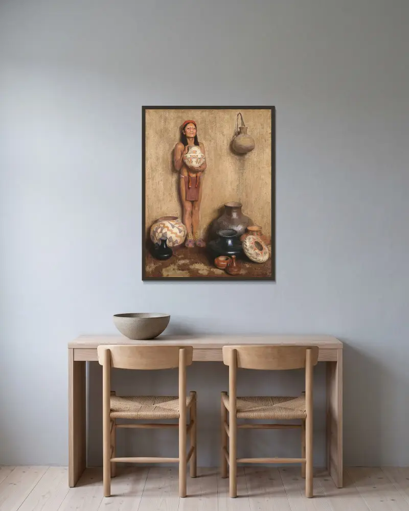 Der Töpferverkäufer von Eanger Irving Couse gerahmt an einer Wand