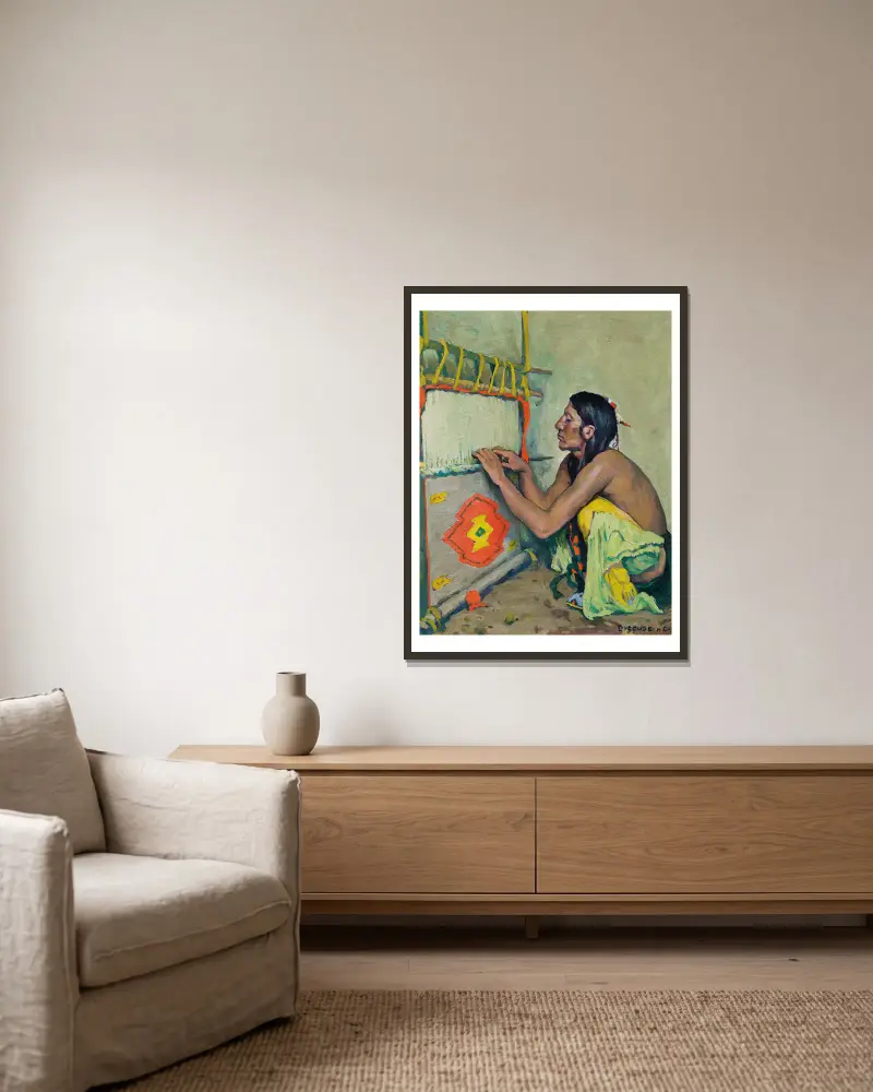 Die Weberin von Eanger Irving Couse gerahmt an einer Wand