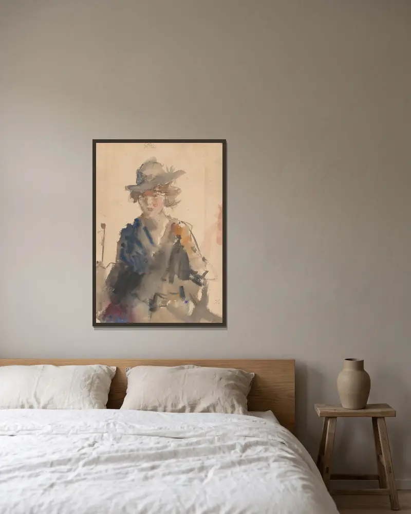 Portret van een vrouw av Isaac Israëls inramad på en vägg