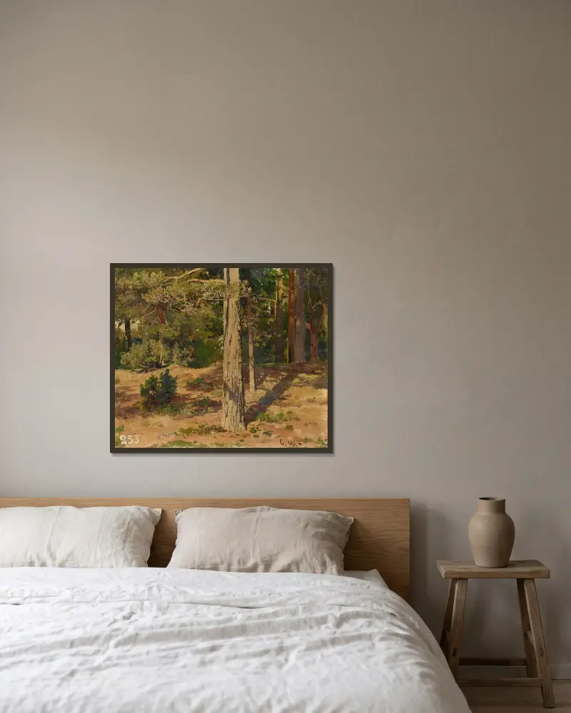 Skogsinteriör av Ivan Shishkin inramad på en vägg