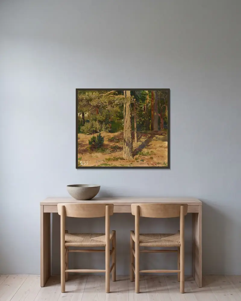 Skogsinteriör av Ivan Shishkin inramad på en vägg
