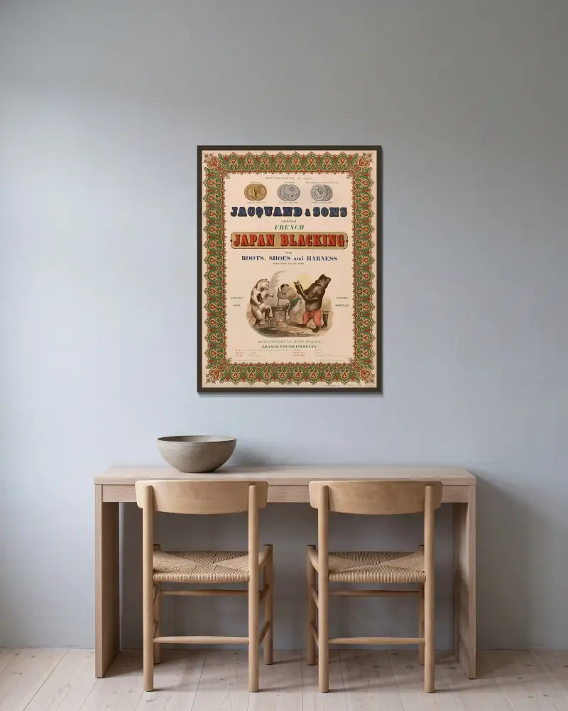 Jacquand & Sons – celebrated French Japan blacking for boots, shoes and harness von J. J. Grandville gerahmt an einer Wand
