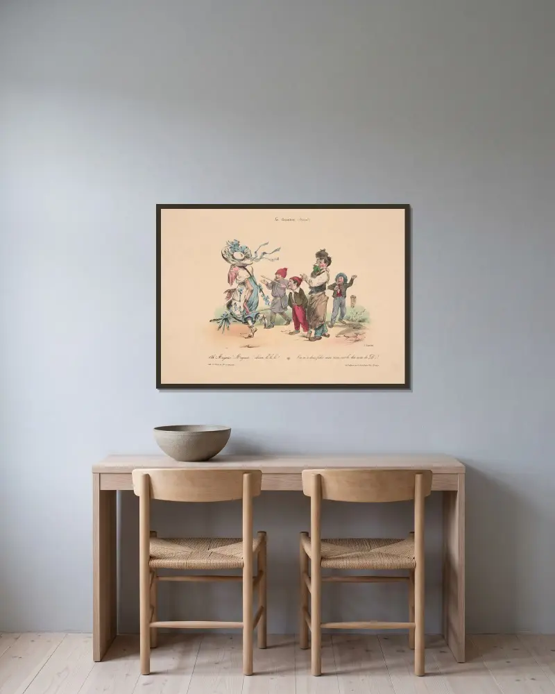 La Caricature; Ah! Mayeux! Mayeux!! Chian li li li! On m’a donc fichu mon nom sur le dos nom de D . . . !. von J. J. Grandville gerahmt an einer Wand