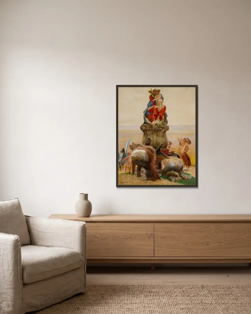 Tillbedjan av madonnan av Jacek Malczewski inramad på en vägg