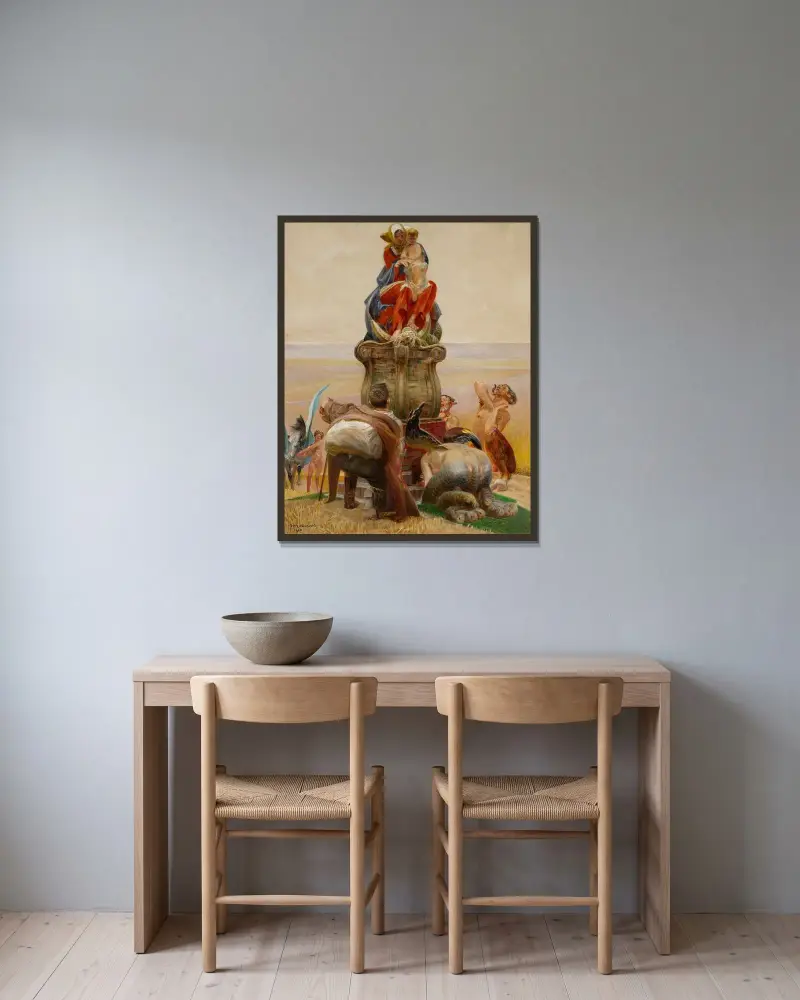 Tillbedjan av madonnan av Jacek Malczewski inramad på en vägg