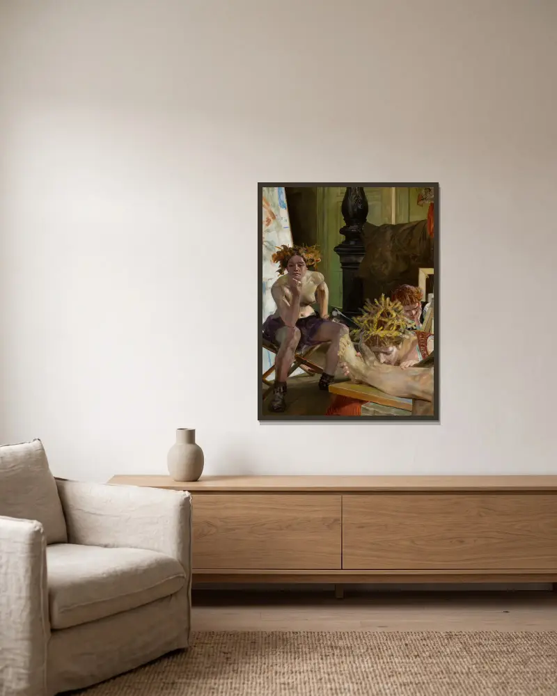 Der Tod des Künstlers von Jacek Malczewski gerahmt an einer Wand