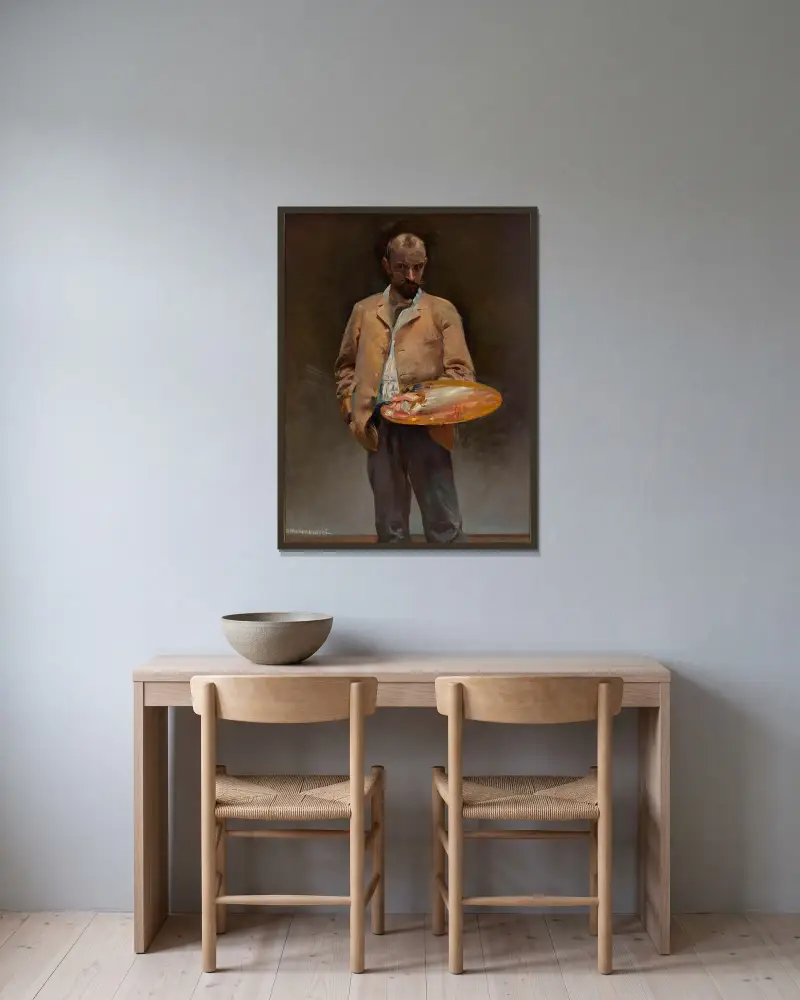 Konstnärens självporträtt med palett av Jacek Malczewski inramad på en vägg