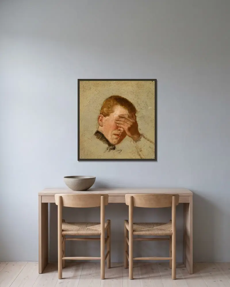 Pojke som täcker ögonen av Jacek Malczewski inramad på en vägg