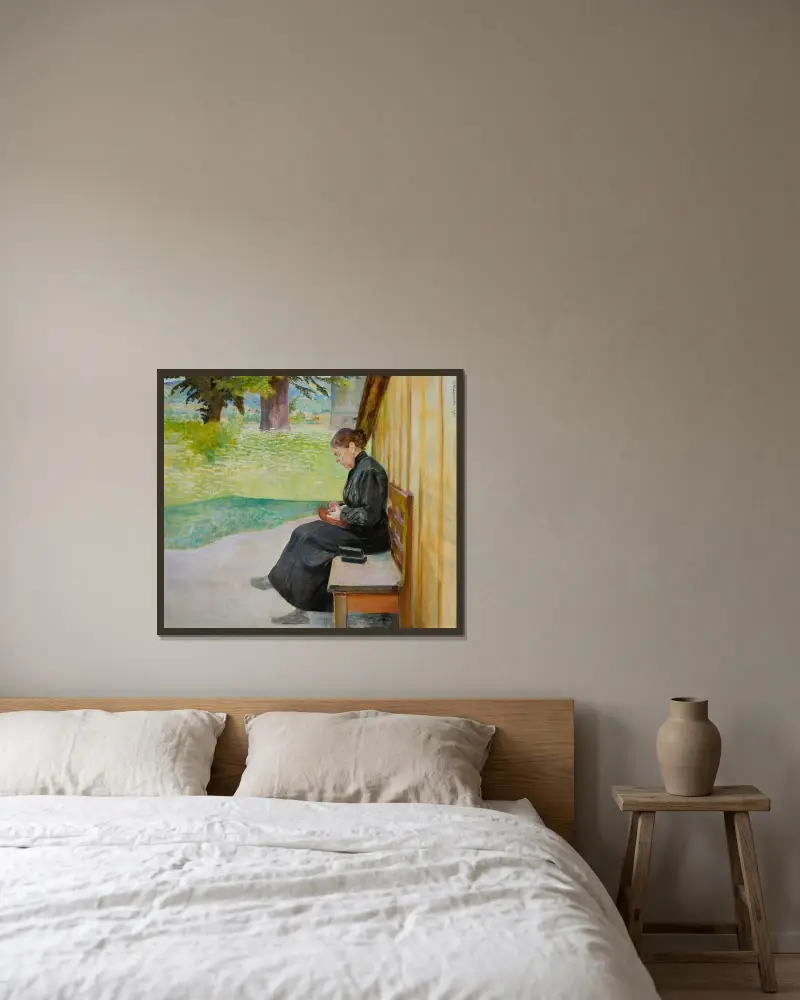 Bronisława, konstnärens syster, framför huset av Jacek Malczewski inramad på en vägg