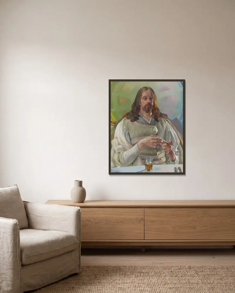 Kristus i Emmaus – mittparti av triptyken av Jacek Malczewski inramad på en vägg