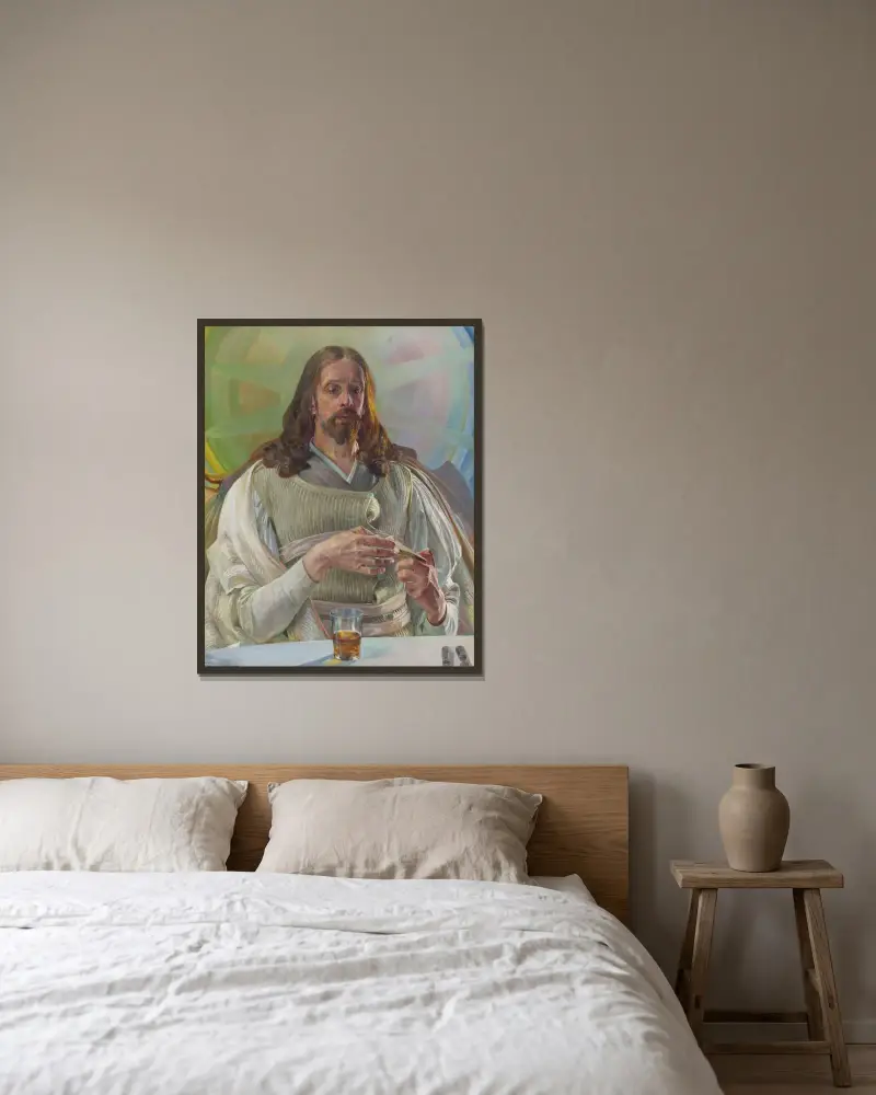Kristus i Emmaus – mittparti av triptyken av Jacek Malczewski inramad på en vägg