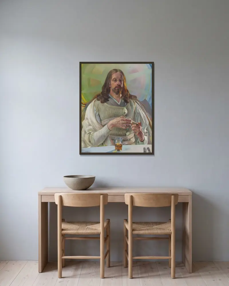 Kristus i Emmaus – mittparti av triptyken av Jacek Malczewski inramad på en vägg