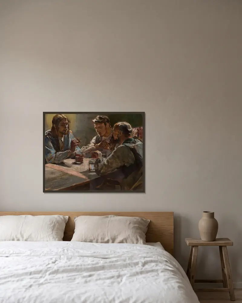 Kristus i Emmaus av Jacek Malczewski inramad på en vägg