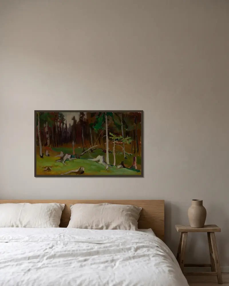 Glänta i en skog av Jacek Malczewski inramad på en vägg
