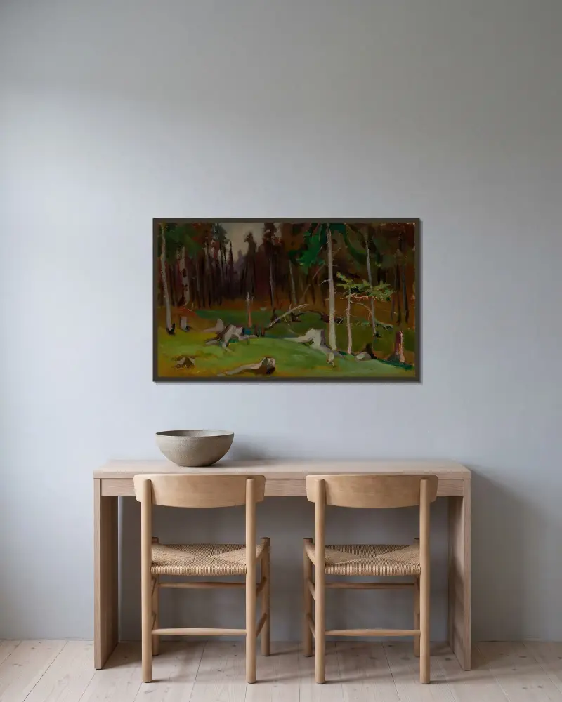 Glänta i en skog av Jacek Malczewski inramad på en vägg