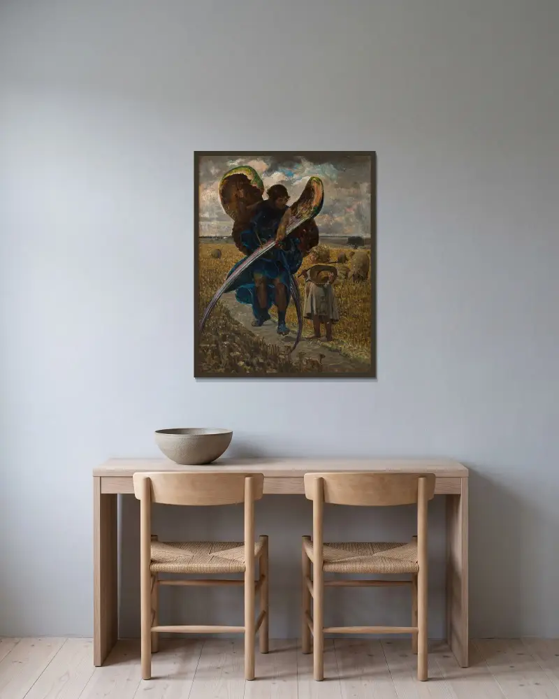 Följande ängeln – triptyk (mittparti) av Jacek Malczewski inramad på en vägg