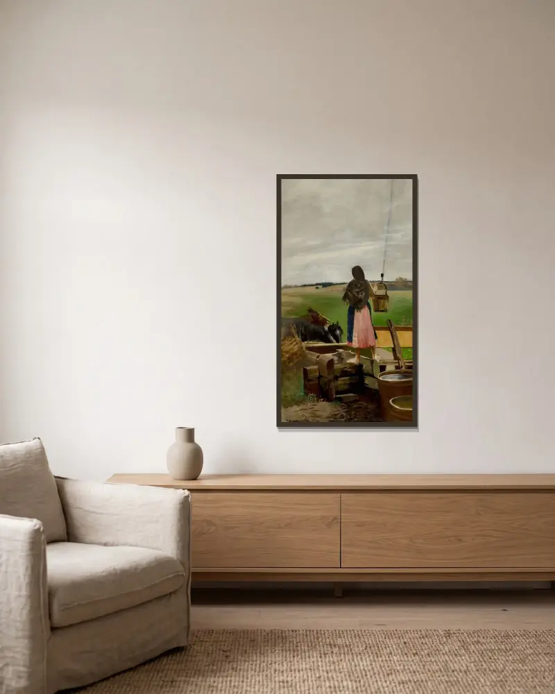 Flicka vid en brunn av Jacek Malczewski inramad på en vägg