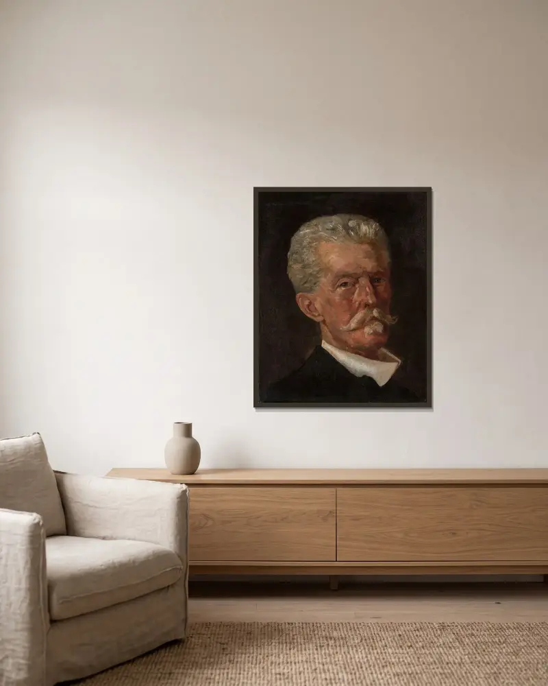 Manshuvud av Jacek Malczewski inramad på en vägg