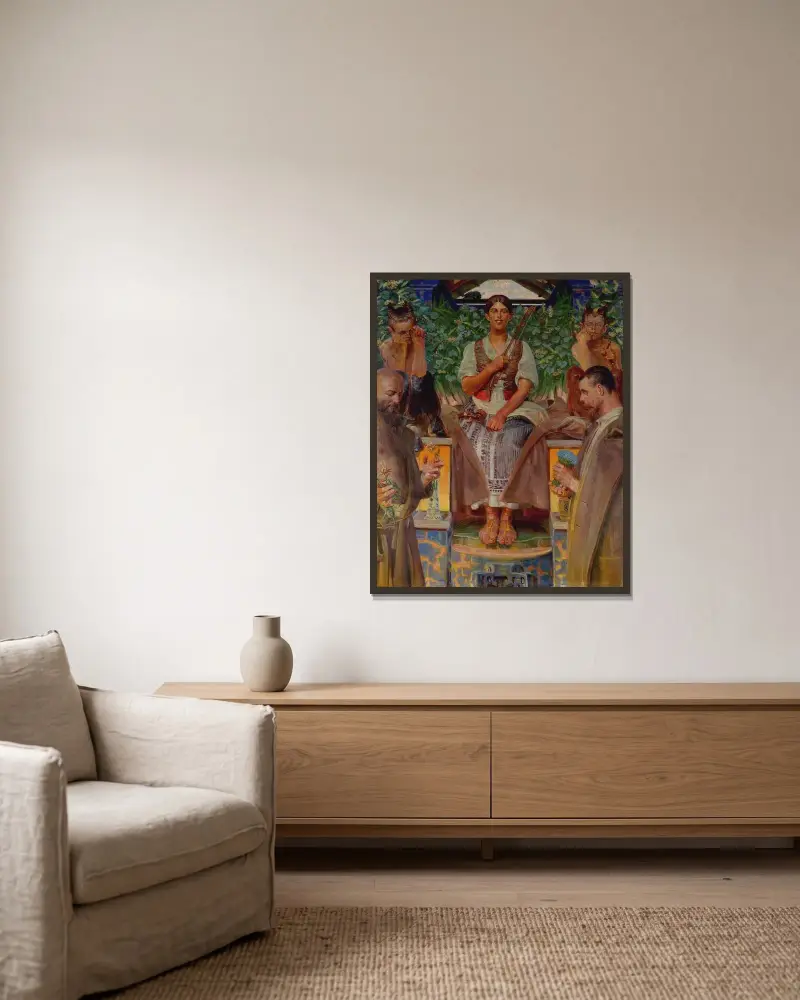 Homage till konsten och musan av Jacek Malczewski inramad på en vägg