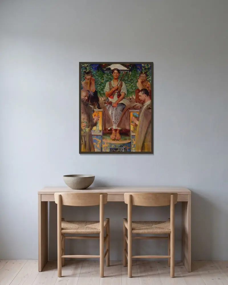Homage till konsten och musan av Jacek Malczewski inramad på en vägg