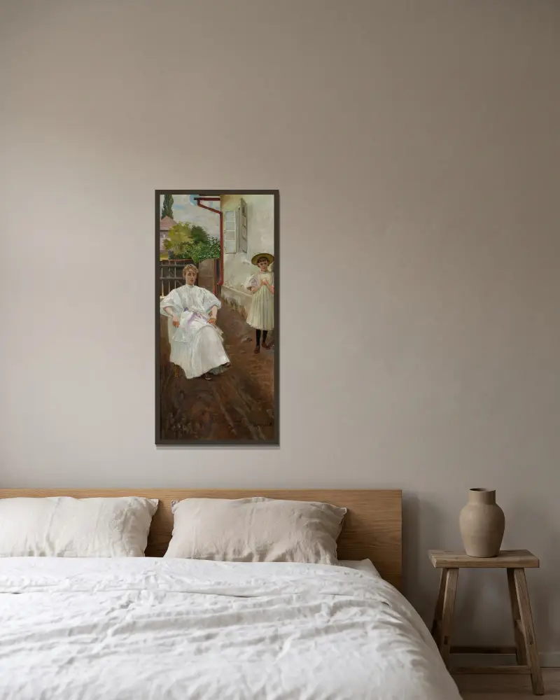 Framför huset – konstnärens hustru och dotter av Jacek Malczewski inramad på en vägg