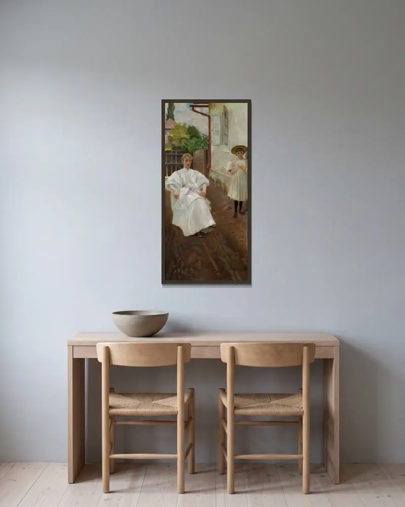 Framför huset – konstnärens hustru och dotter av Jacek Malczewski inramad på en vägg