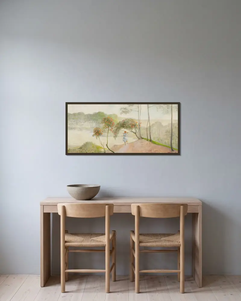 Landskap med rönnbär, vänstra sektionen av triptyken ”Gå till bäckarna” av Jacek Malczewski inramad på en vägg